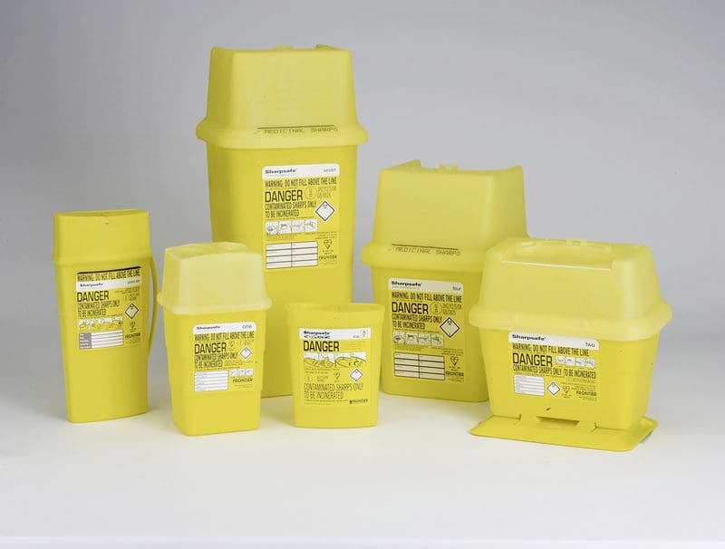 Sharps disposal bins available in a variety of sizes.